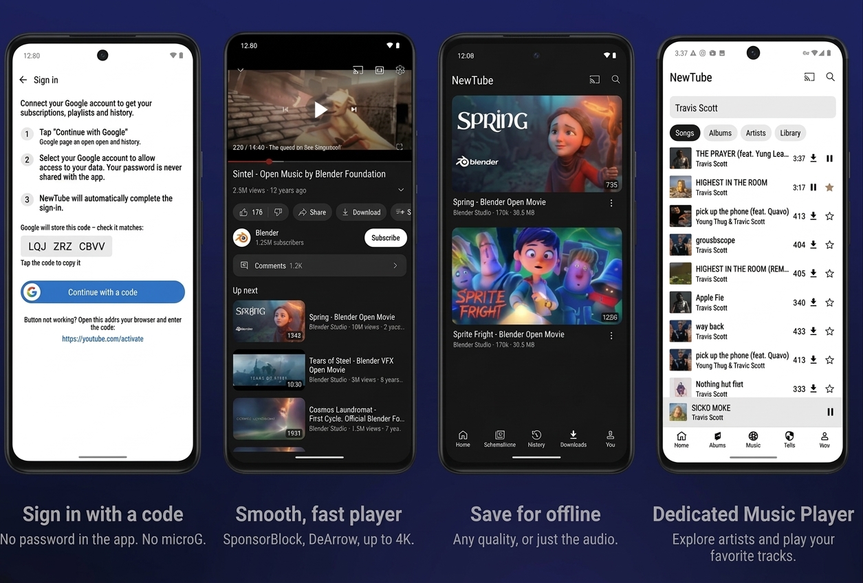 Экраны приложения OfferTube: видео, музыка и плеер
